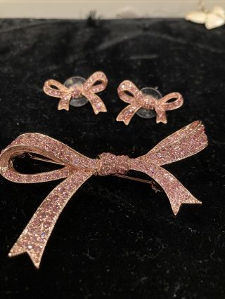 Kenneth Jay Lane Kjl Pink Rhinestones Bow Pin Brooch And Earrings Set