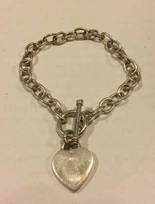 ❤️vintage Solid 925 Sterling Silver Heart Charm 7.  78” Bracelet Toggle Closure