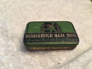 Vintage Household Nail Box.  Tin.  Hinged Lid.  Green.  3.  5 X 2 In