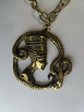 Vintage Egyptian Revival Gold Tone Nefertiti Pendant With Asp Snake