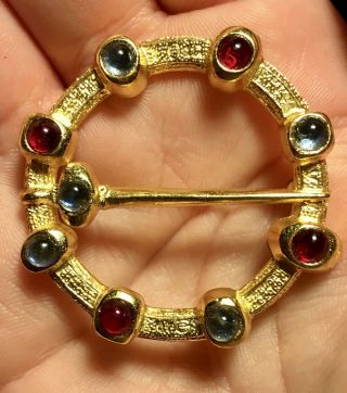 Vintage Gold Tone Blue & Red Glass Cabochon Annular Lovers Brooch Signed B.  M.  P.  L