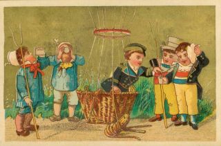 1880s Goldtone Trade Card Unbranded Children And Boy Launch Hot Air Balloon