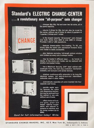 1962 Ad (l18) Standard Change - Makers,  Indianapolis.  Vending Machine Coin Changer