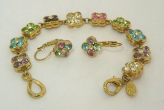 Signed Joan Rivers Multi Color Crystal Flower 7 - 1/2 " Bracelet & Earrings