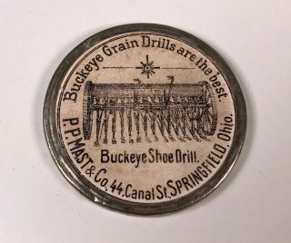 Antique Buckeye Grain Shoe Drill Farm Machinery Ohio Advertising Pocket Mirror