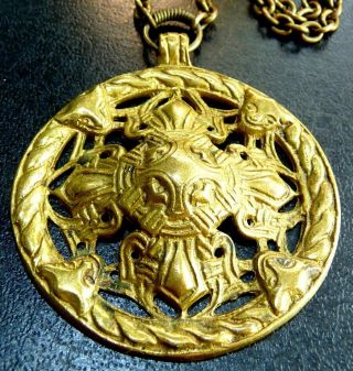 Signed Kk Kalevala Koru Finland Bronze Viking Cross Medallion Pendant Necklace