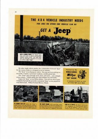 Vintage 1946 Willys Jeep Industrial Truck Heavy Duty Vehicles Cars Ad Print