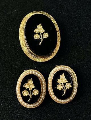 Antique Or Vtg Set Brooch & Scarf Dress Clips Gold Tone Black Glass Pearls M06