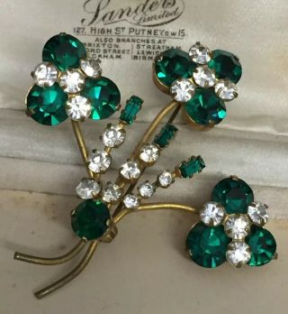 Vintage Jewellery Pretty Art Deco Emerald Green Baguette Crystal Flower Brooch