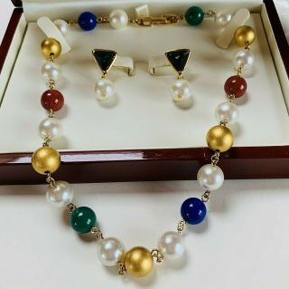 Vintage Jewellery Signed Napier Pearl/beaded Gold Plated Necklace & Earrings