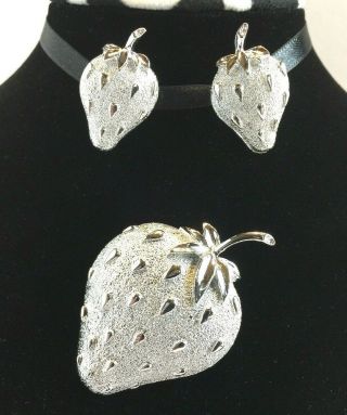 Vintage Sarah Coventry " Strawberry Ice " Silver Tone Brooch & Earrings Set.