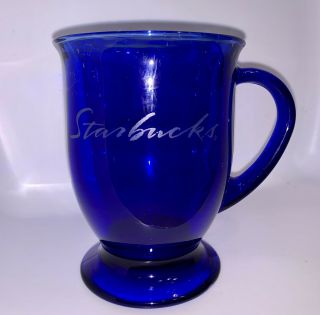 Starbucks Anchor Hocking Cobalt Blue Glass Coffee Cup Footed Mug Usa Etched Logo