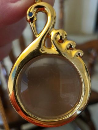 Vintage Avon Swan Bird Magnifying Glass Pendant Necklace - Signed - Estate Jewelry