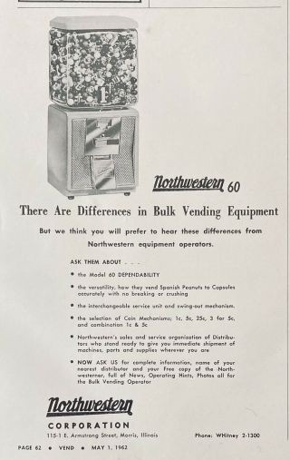 1962 Ad (l18) Northwestern Co.  Morris,  Ill.  Model 60 Bulk Vending Equipment