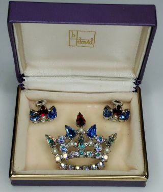 B David Rhinestone Crown Earrings And Pin Brooch
