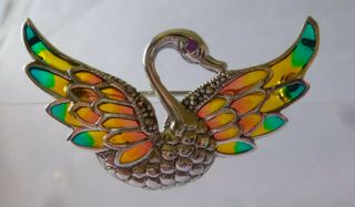 Vintage Style 925 Sterling Silver Enamel Garnet Marcasite Bird Swan Brooch
