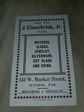 1880s Trade Card 133 W.  MARKET York Pa Eimerbrink Jewlers Girl W/ Gun Duck hunt 2