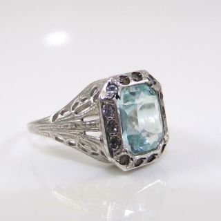 Vtg Antique Art Deco Sterling Silver Blue Glass Cz Filigree Ring Size 5 Lfk3