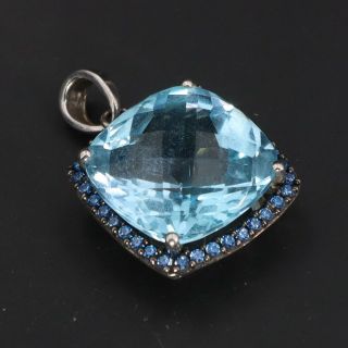 Sterling Silver Blue Topaz & Cubic Zirconia Cluster Square Cocktail Pendant - 5g