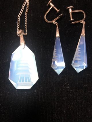 Vintage Opal Glass Opalite Reverse Carved Pagoda Silver Necklace & Earrings