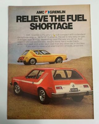 1972 American Motors Amc Gremlin Print Advertisement Ad Relieve Fuel Shortage