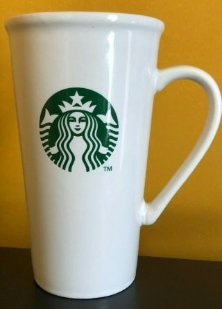 Starbucks White Ceramic Travel Mug 2012 Green Logo With Lid 16oz.