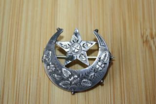 Victorian Crescent Moon And Star Sterling Silver Brooch Pin