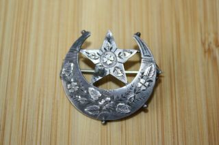 Victorian Crescent Moon and Star Sterling Silver Brooch Pin 3