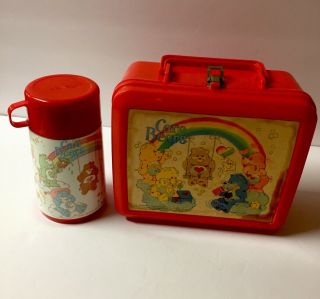 Vintage 1986 Aladdin Care Bears Red Plastic Lunch Box With Thermos 1980s Retro