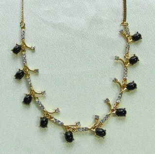 Vintage Black Glass Cab & Clear Crystal Rhinestone Drop Bib Gold Tone Necklace