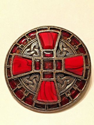 Vintage Miracle Celtic Brooch Pin Red Stones And Enamel