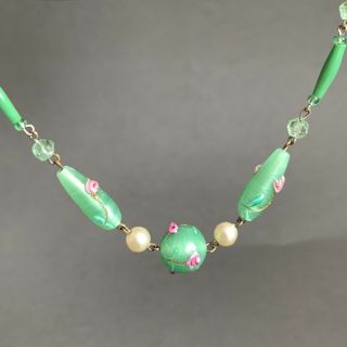 Vintage Antique Art Deco Green Glass Bead Necklace Lampwork 16.  5”