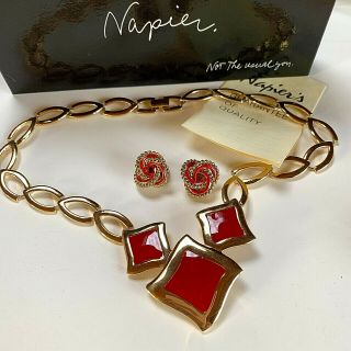 Vintage Jewellery Signed Napier Red Enamel Gold Plated Necklace/earrings (boxed)
