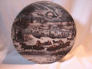Vintage Empty Currier & Ives Central Park In Winter Metal 10 " Tin Container