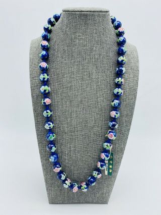 Vintage Chinese Export Cloisonne Blue Enamel Floral Flower Painted Bead Necklace
