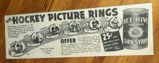 1950 Canada Canadian Ad Hockey Bee Hive Syrup Nhl Hockey Ring Premium 25 Cents
