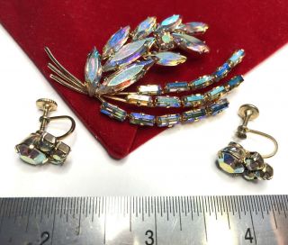 Vtg Juliana Leaf Brooch Ab Aurora Borealis Marquise Baguette Rhinestone Earrings