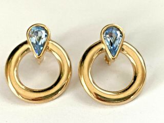 Vintage Signed Swarovski Sal Light Blue Crystal Rhinestone Clip On Earrings