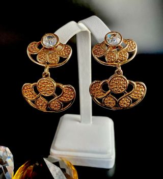 Vtg Swarovski Swan Gold Tone Crystal Rhinestone Dangle Statement Earrings 2 "