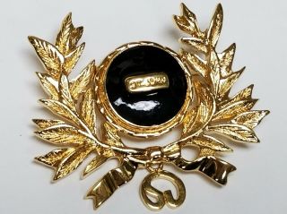 St.  John Black Enamel Logo Gold Tone Laurel Leaf Wreath Pin Brooch 2 "
