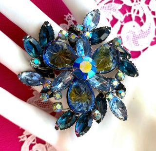 Huge Beau Jewels Style Rhinestone Pin Carved Glass Blue Ab Layered Vintage