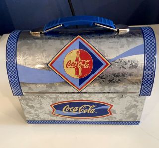 Vintage Coke Coca Cola Tin Lunchbox Galvanized Silver Metal Retro Hinged Box