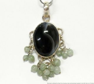 Vintage Agate Onyx Sterling Silver Dangle Artisan Pendant W Aventurine Beads