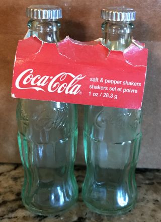 Glass Coca Cola Coke Bottle Salt And Pepper Shakers 4 3/8 " Green Glass