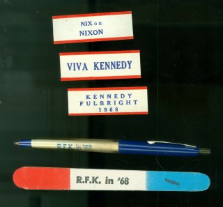 3 President Robert F.  Kennedy 1968 Political Campaign Stickers,  Pen,  Nail File