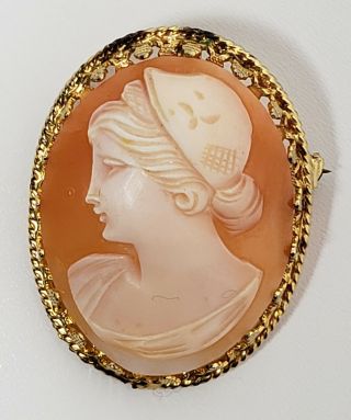 Vintage Antique Cameo Brooch Pendant Shell Portrait Left Facing Gold Filigree