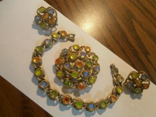Sarah Coventry Goldtone Vintage Bracelet/brooch/earrings Colored Rstones V.  Rare