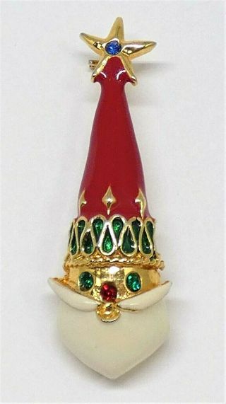 Vintage Christmas Tall Santa Face Tree Hat Pin Brooch Rhinestones Enamel