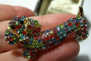 Vintage Style Dachshund Sausage Dog Rainbow Crystal Jewellery Brooch Pin