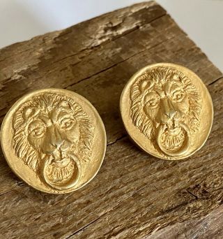 Vintage Etruscan Revival Matte Gold Tone Lion Head Motif Post Earrings
